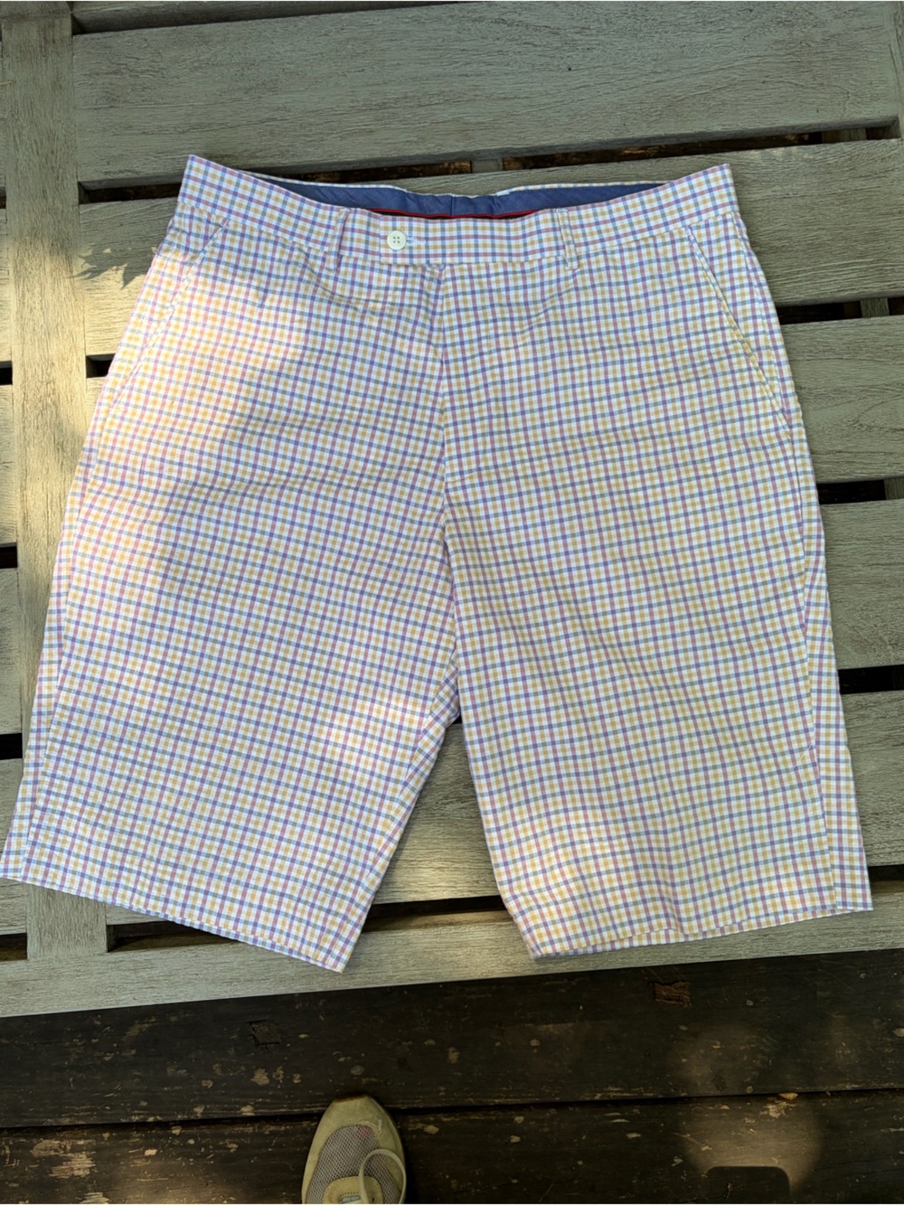 Men's Plaid Performance Golf Shorts - Lavender, Blue, Gold & White. 100% Cotton
